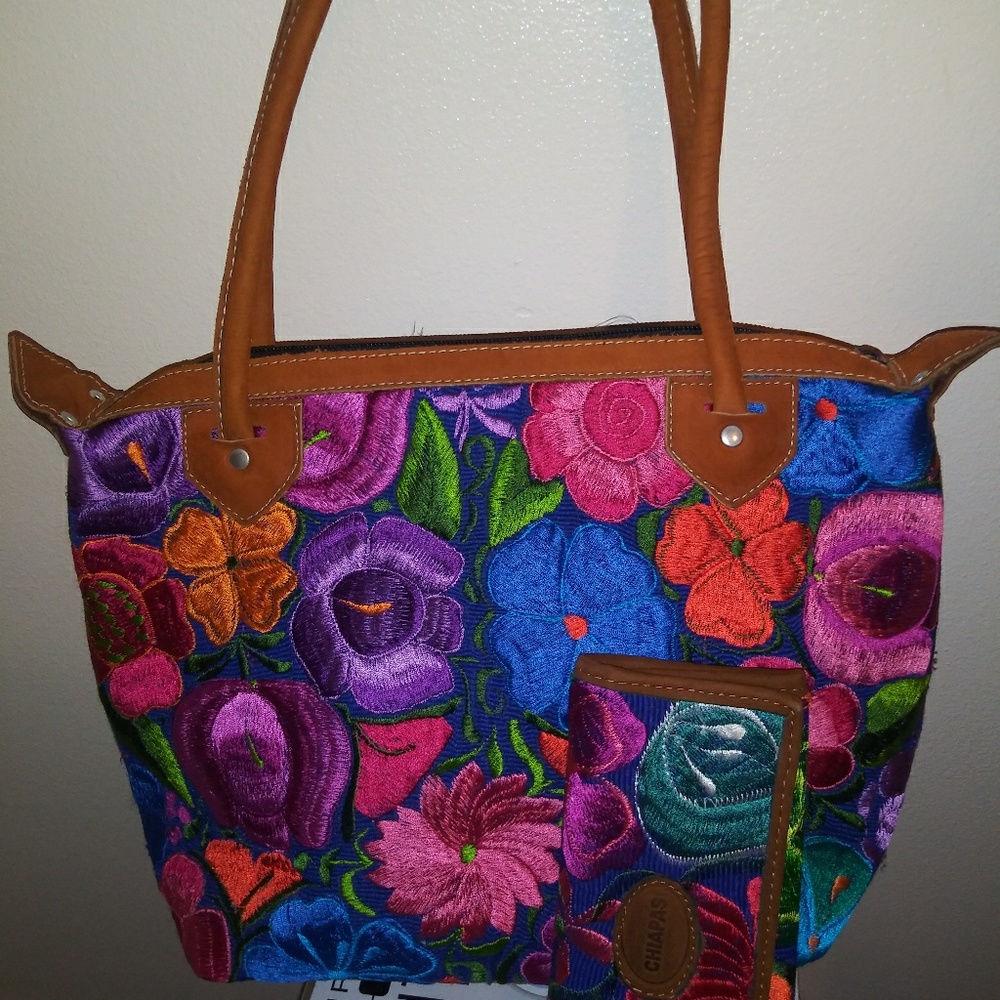 Embroidered suede handbag with wallet